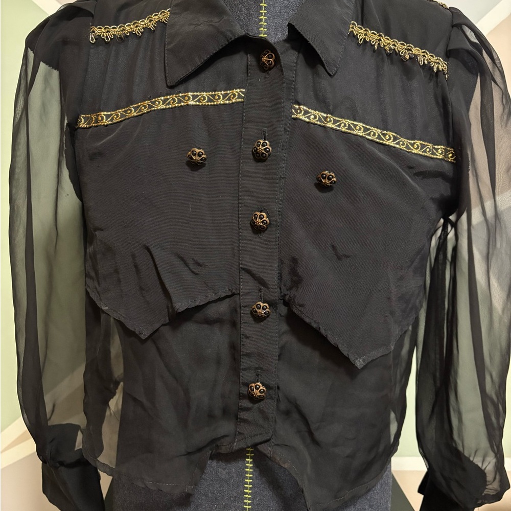 80’s Black Sheer Embroidered Button-Front Blouse